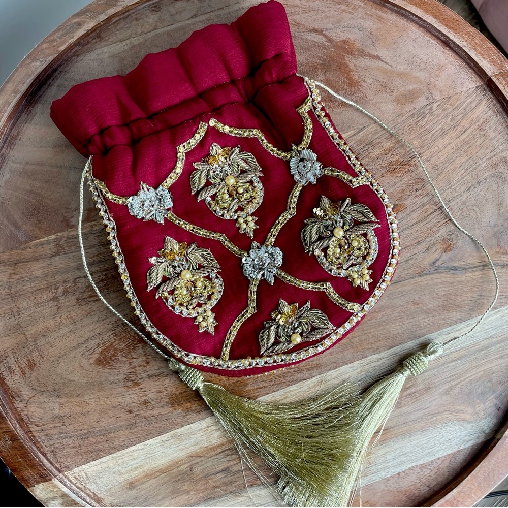 Wedding Pouch In Red and Gold Embroidery and Embellished Handwork with Tassels